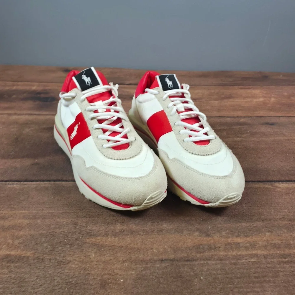 Polo Ralph Lauren Train 89 Sneakers Mens 8 White Red Good Retro Leather Mesh
